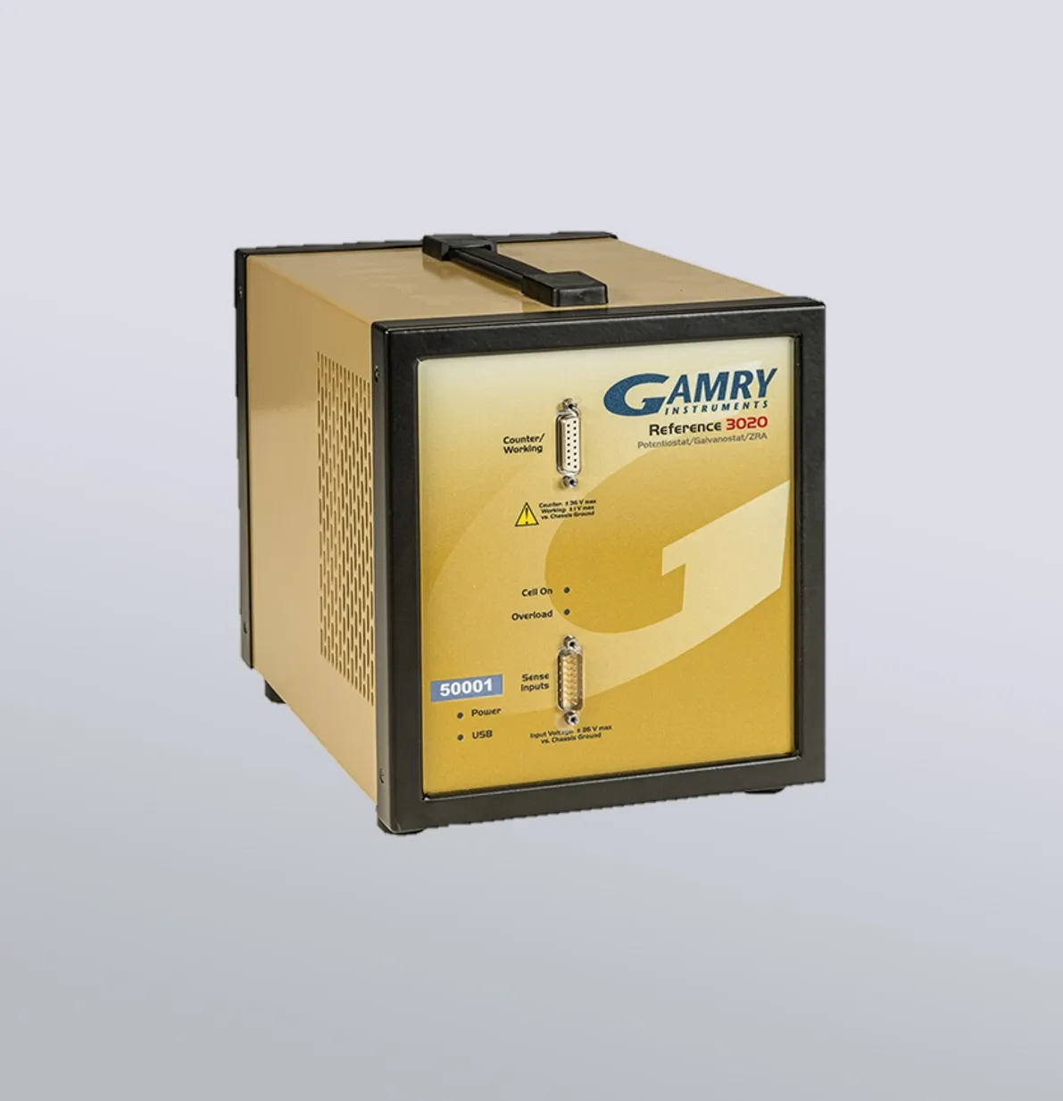 Gamry Reference 3020 Potentiostat/Galvanostat/ZRA mit analogen- und digitalen Aus- und Eingängen (I-Monitor, E-Monitor, K-type thermocouple input, Aux-in, Signal Generator Out, External Signal In, Misc. I/O with 4x Digital-Ins and 4x Digital-Outs and 1x Analog Out) und der Ref30k Booster-Erweiterungsschnittstelle incl. schwebende Masse (galv. Trennung von der Schutzerdung)